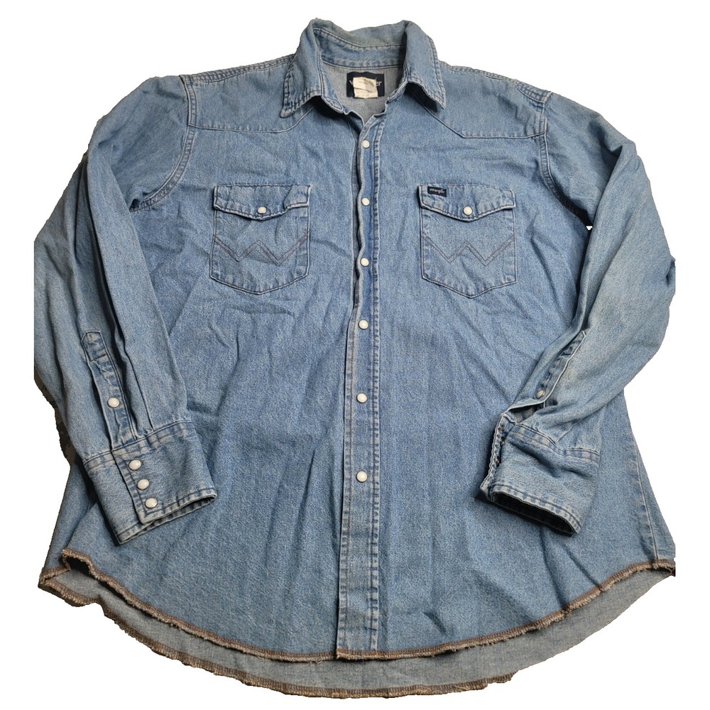 Wrangler Shirt Men's XL Denim Pearl Snap Blue Long Sleeve Western Cowboy‎ VTG